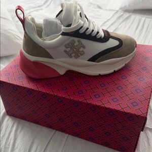 Tory Burch White and Tan Sneakers with Pink Accents